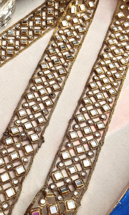 Gold Kundan lace Stone Zircon Work Border White Metal Resin Trim Indian Sari