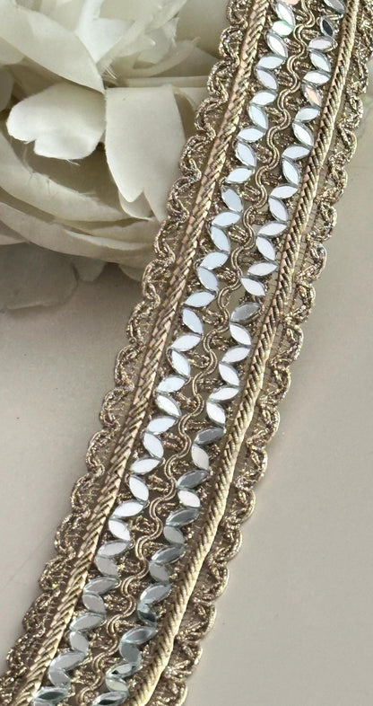 Handmade Gold Sari Zari Trim Festive & party Clothing add on Mirror Lace