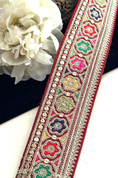 Thread Zari Embroidered Indian Sari Border For Bridal Wedding Festive Outfit