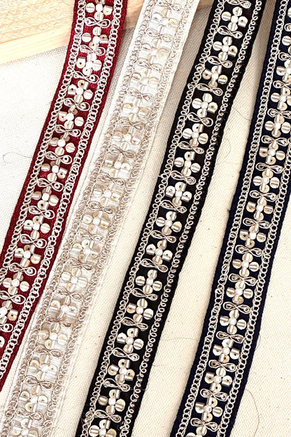 Indian Fabric Trim Gold Glass Bead Floral Pattern Edging Dupatta Ribbon Embellished  Fabric Trim