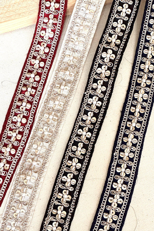 Indian Fabric Trim Gold Glass Bead Floral Pattern Edging Dupatta Ribbon Embellished  Fabric Trim