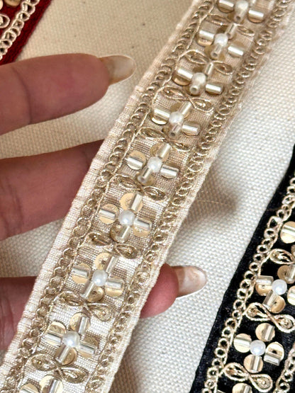 Indian Fabric Trim Gold Glass Bead Floral Pattern Edging Dupatta Ribbon Embellished  Fabric Trim
