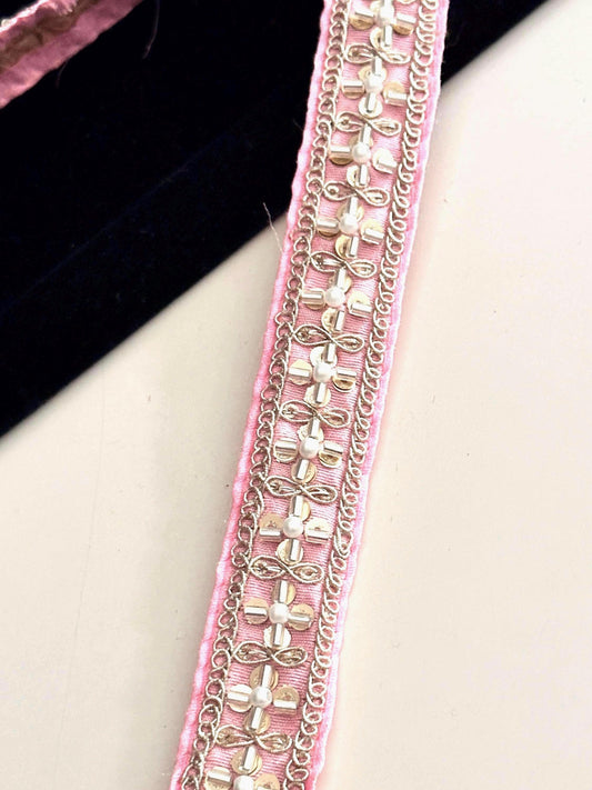 Indian Fabric Trim Gold Glass Bead Floral Pattern Edging Dupatta Ribbon Embellished  Fabric Trim