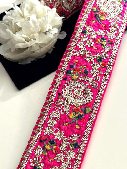 8cm Indian Embroidered Ribbon Boho Zari Decorative Trim With Sequence Thread Work