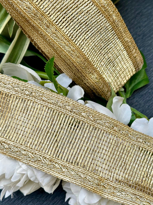 Metallic Gold Woven Lace Fabric Soft Woven Indian Sewing Crafting Ribbon Dupatta Lace