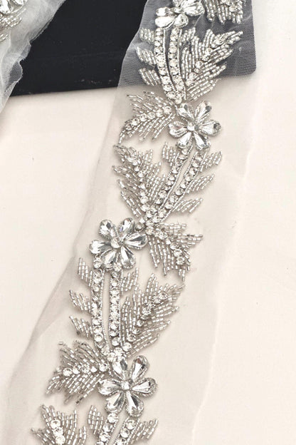 Bridal Sash Pearl Bead Applique Lace Floral Wedding Belt Art Deco Flower Dress Lace