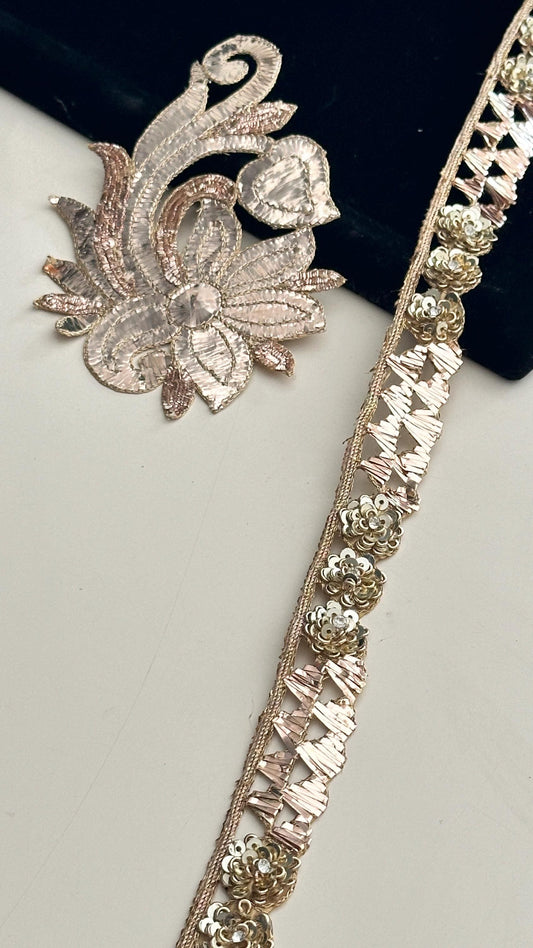 Vintage Look Handmade Sequin Lace Metallic ThreadWork Gold Trim Bridal Dress Sash Headband Lace Festive Fabric Custom Dress Lace Trim