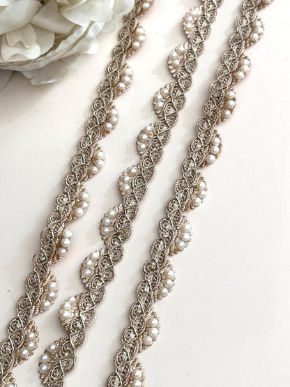 Pearl Bead Sash Rhinestone Lace Trim Gold Metallic Thread Bridal Sash Wedding Crafting Lace