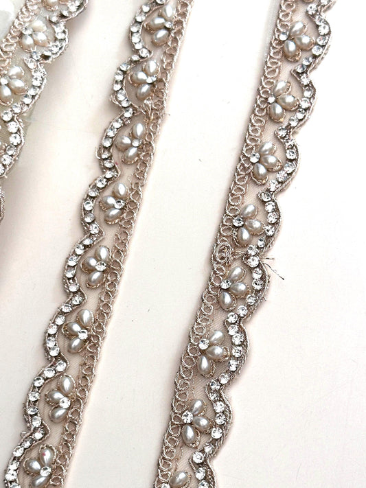 High-End Pearl Rhinestone Lace Trim Fashion Designers Gold Lace for Costumes & Art Supply