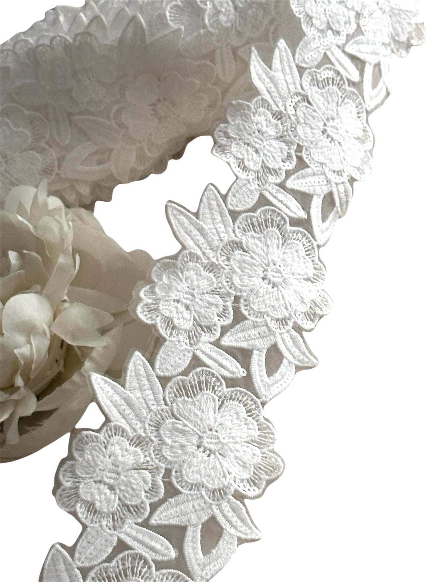Ivory Bridal Floral Applique Lace Trim White 1 Yard