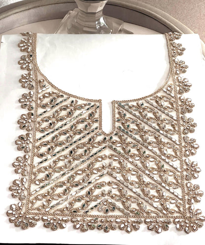 Sparkle Gold Pearl Beaded lace applique neckline patch