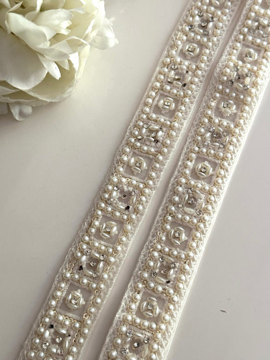 Pearl Beaded Zircon Trim Ivory White Catholic Wedding Lace for Bridal Gown