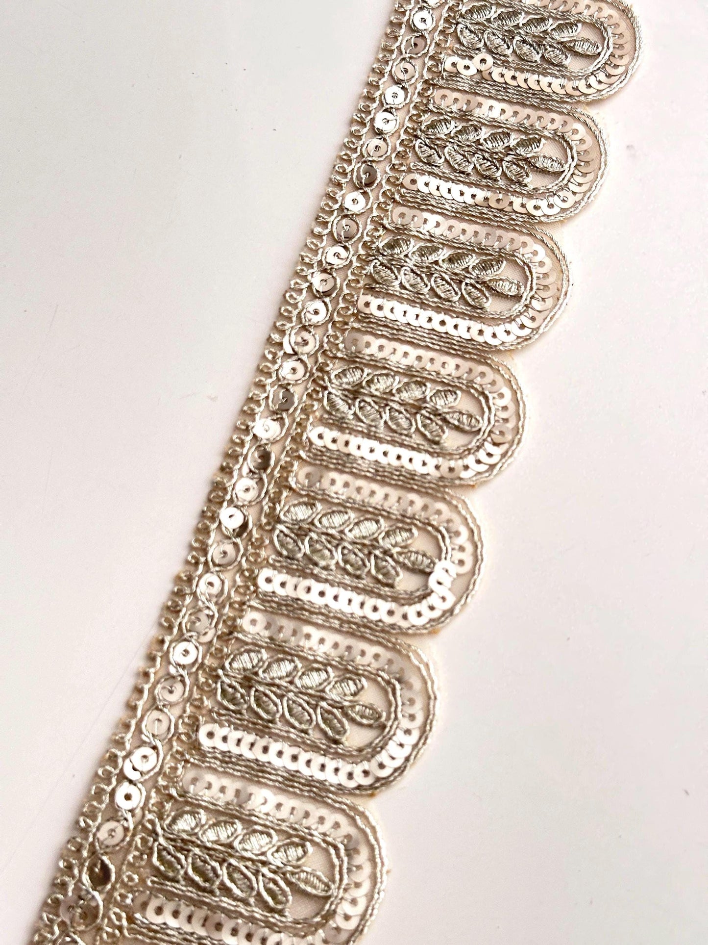 Scalloped Sequin Lace Trim For Bridal Gown Light Gold