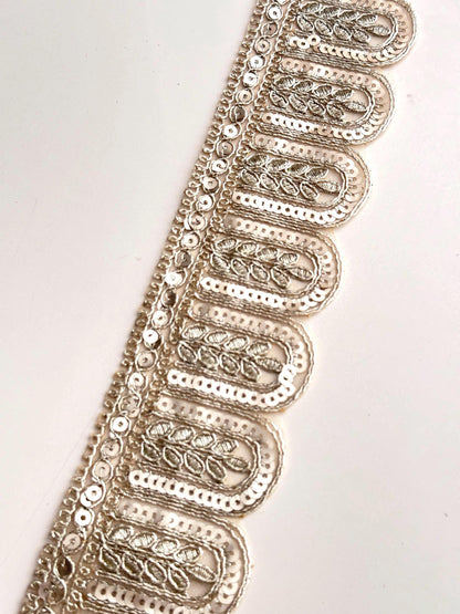 Scalloped Sequin Lace Trim For Bridal Gown Light Gold Metallic Thread  Ribbon Festive Wedding Dress Lace Embellished Decorative Trim by Yard