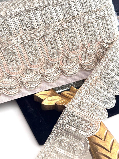Scalloped Sequin Lace Trim For Bridal Gown Light Gold Metallic Thread  Ribbon Festive Wedding Dress Lace Embellished Decorative Trim by Yard