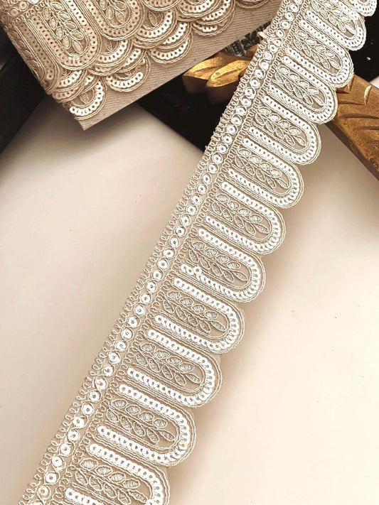 Scalloped Sequin Lace Trim For Bridal Gown Light Gold Metallic Thread  Ribbon Festive Wedding Dress Lace Embellished Decorative Trim by Yard