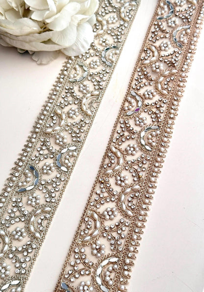 5cm By Yard Pearl Lace Light Gold Mirror Zircon & Pearl Embellished Lace Trim