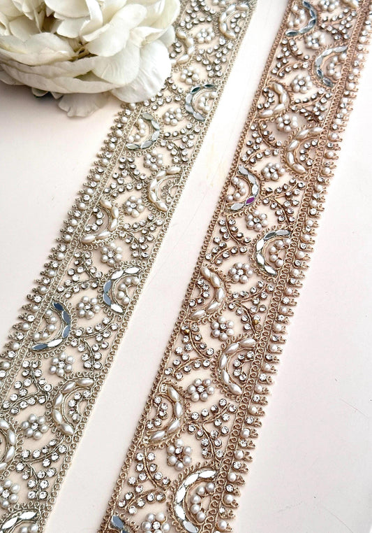 5cm By Yard Pearl Lace Light Gold Mirror Zircon & Pearl Embellished Lace Trim