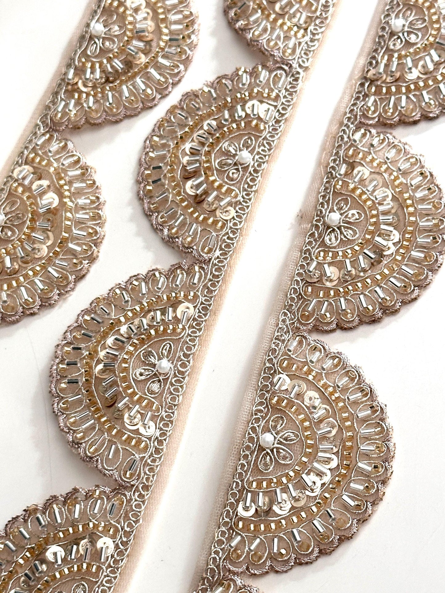 Light Gold Scalloped Zari Lace Glass Bead Indian Lace Trim Embroidered
