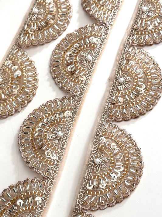 Light Gold Scalloped Zari Lace Glass Bead Indian Lace Trim Embroidered