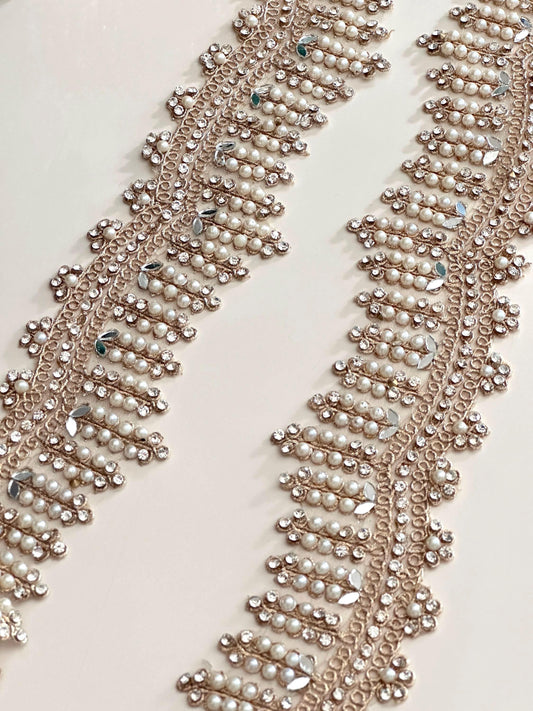 Exquisite Beaded Lace Pearl Zircon Scalloped Embroidery Lace For Bridal Veil Sash