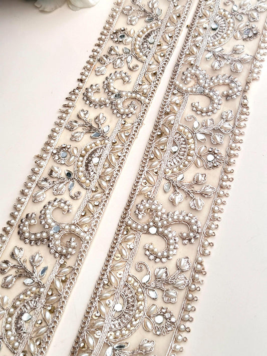 Luxury Wedding Lace Bridal Veil Zircon Pearl Embellish Zari Border Handmade