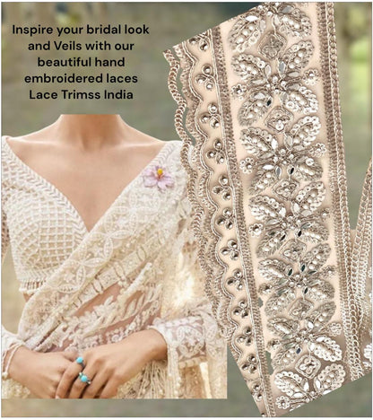 Flower Pattern Pearl Embroidered Lace Zircon Wedding Veil Lace Ivory Gown Trim