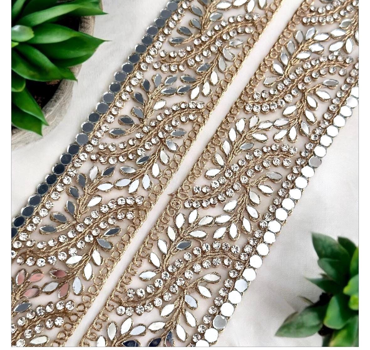 Zircon embellished Lace Border Wedding Veil Gown Lace Indian Decorative Mirror Border