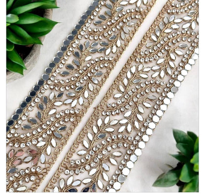 Zircon embellished Lace Border Wedding Veil Gown Lace Indian Decorative Mirror Border