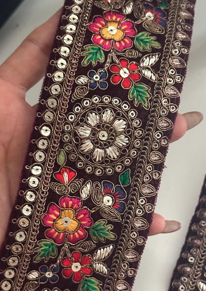 Victorian-style velvet fabric with intricate lace trim, handmade and perfect for couture fashion, home decor, costume design, wedding gowns, sashes, or crafting.