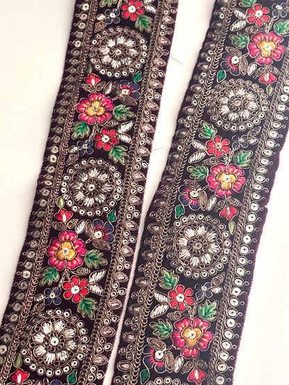 Victorian-style velvet fabric with intricate lace trim, handmade and perfect for couture fashion, home decor, costume design, wedding gowns, sashes, or crafting.