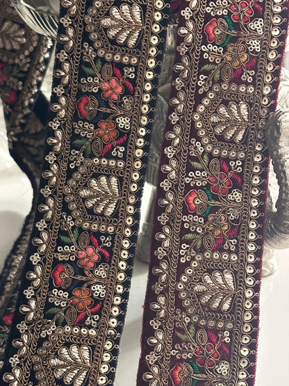 Velvet Border Indian Embroidery Vibrant Lace Trim HandMade for Wedding Dress Home Décor