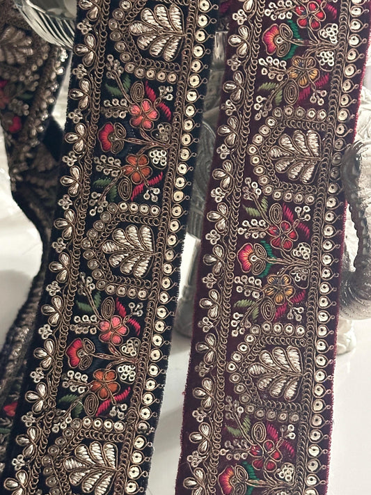 Velvet Border Indian Embroidery Vibrant Lace Trim HandMade for Wedding Dress Home Décor