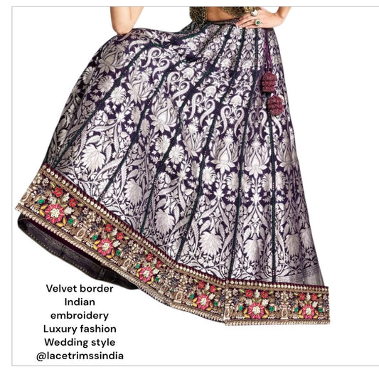 Maroon Gold Flower Pattern Embellished Trim Indian Embroidery Bridal Sari Border