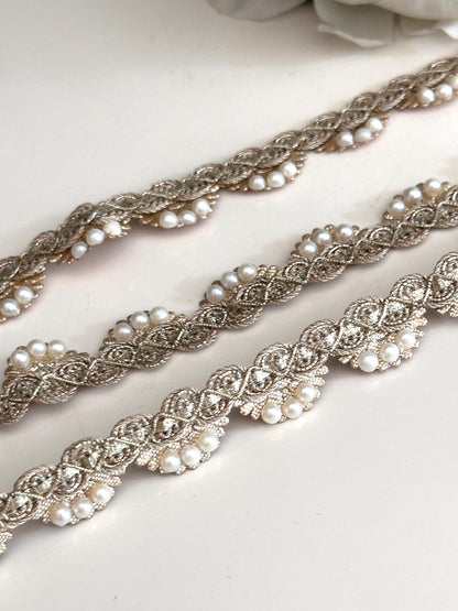 Pearl Bead Sash Rhinestone Lace Trim Gold Metallic Thread Bridal Sash Wedding Crafting Lace