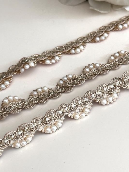 Pearl Bead Sash Rhinestone Lace Trim Gold Metallic Thread Bridal Sash Wedding Crafting Lace