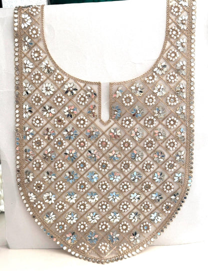 Floral Embroidery Applique Sew on Neckline Patch Mirror Pearl Stone