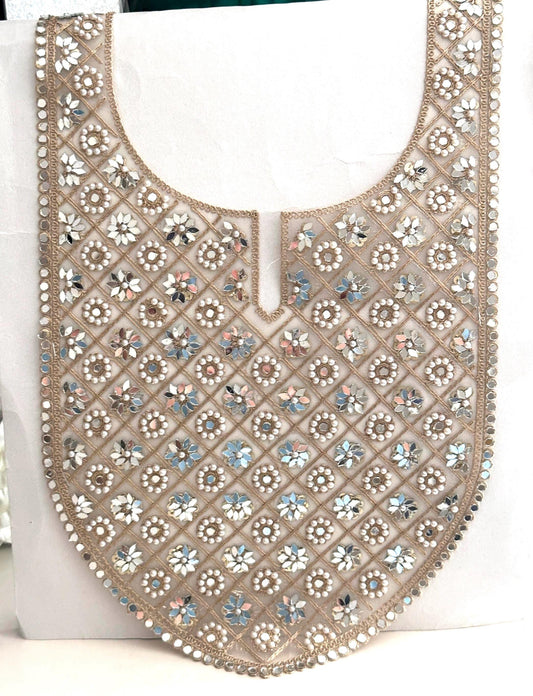 Floral Embroidery Applique Sew on Neckline Patch Mirror Pearl Stone