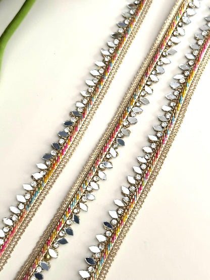 9mtr Lovely Multicolour Narrow Trim with Mirror & Crystal Rhinestone Dupatta Saree Border Lace