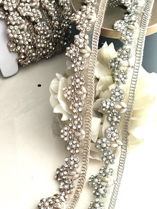 Pearl zircon embellished Indian Embroidered Lace trim ribbon 3cm Edging trim