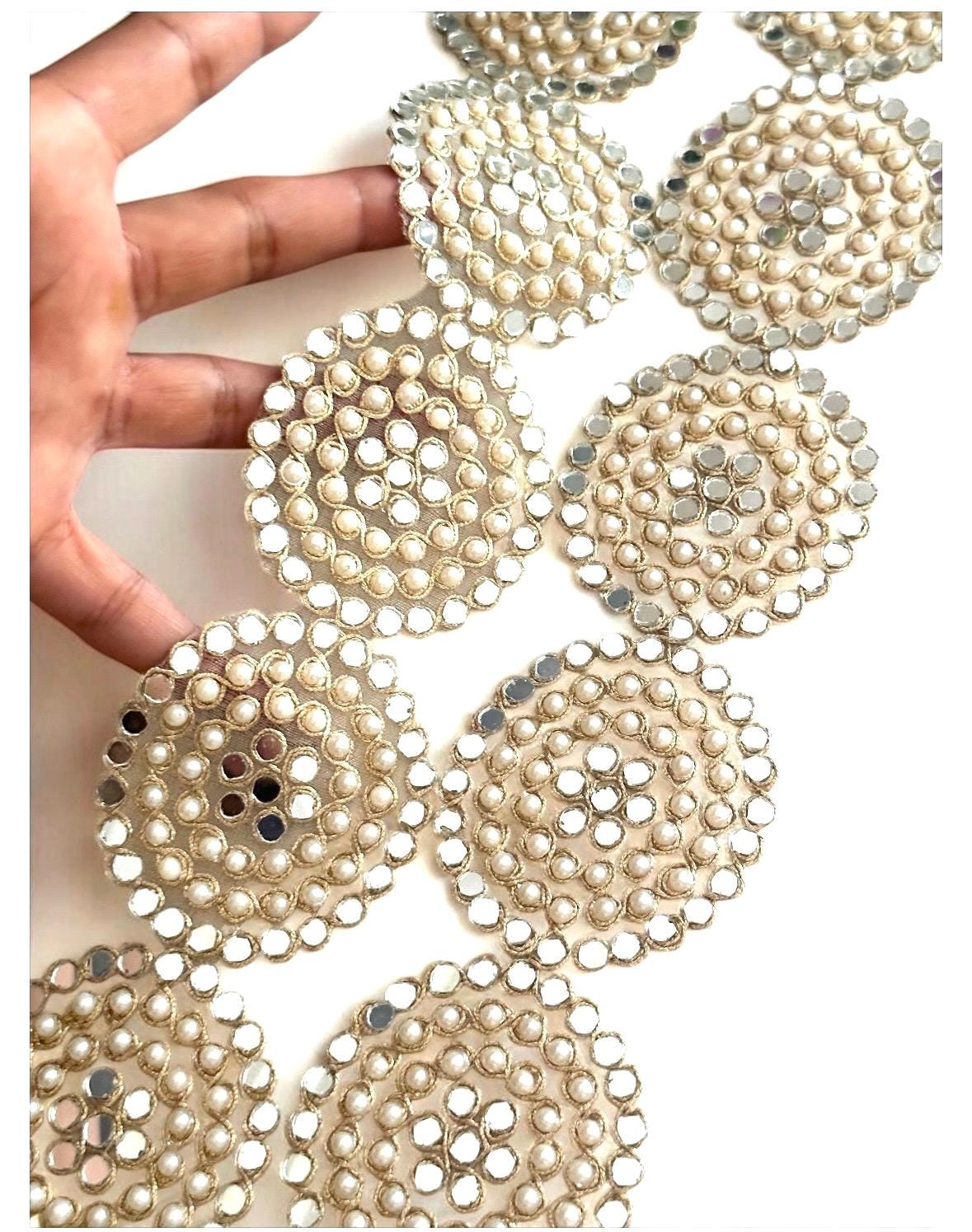 Handcrafted Belt Pearl Mirror Embellished Round Zari Embroidery Cutwork Lace