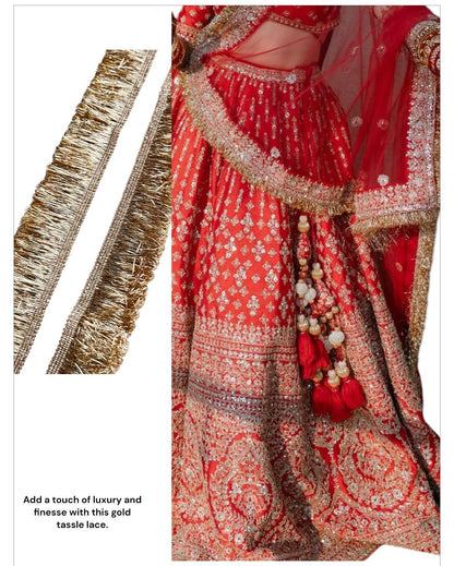 Intricate gold metallic lace with Sabyasachi-inspired border design, perfect for embellishments, special occasion decor, and creative gift wrapping