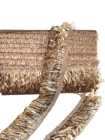 Intricate gold metallic lace with Sabyasachi-inspired border design, perfect for embellishments, special occasion decor, and creative gift wrapping