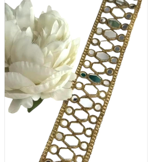 Indian Mirror Belt 4.5cm Antique Gold Geometric Pattern Trim Glamorous Sari Border
