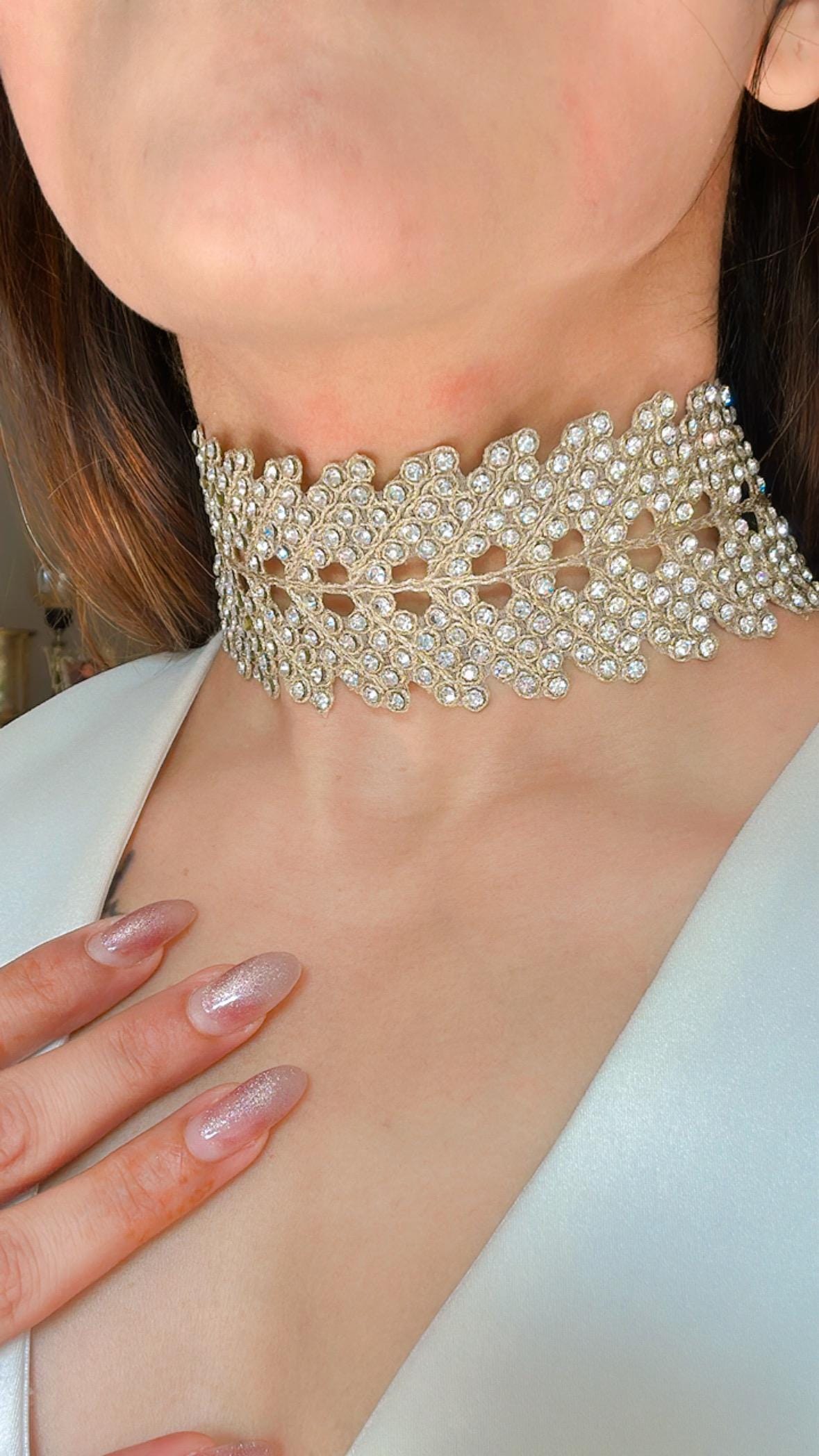 Glitter Choker Necklace Zircon Jewelry Fabric Statement