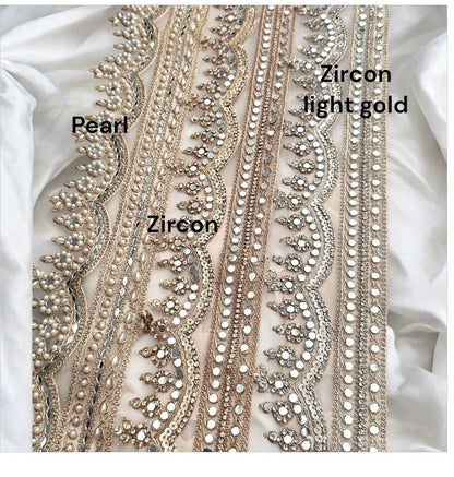 Light Gold Scalloped Mirror Sequin & Pearl Embellished Zari Border Trim