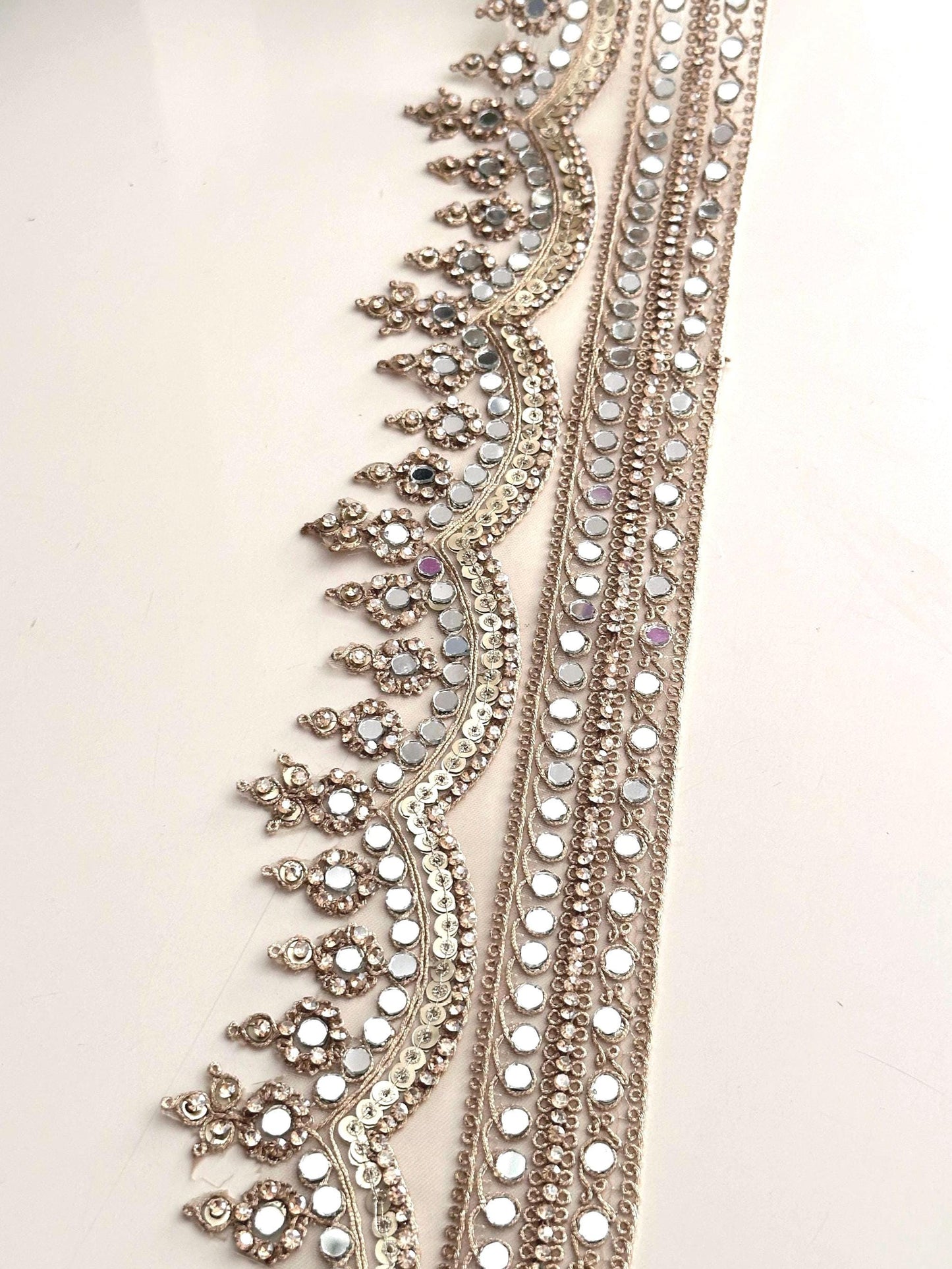 Light Gold Scalloped Mirror Sequin & Pearl Embellished Zari Border Trim