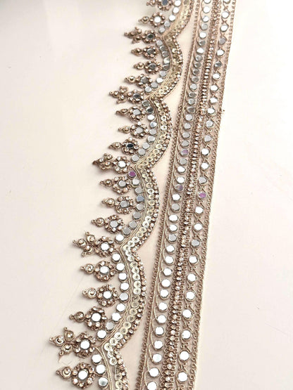 Light Gold Scalloped Mirror Sequin & Pearl Embellished Zari Border Trim