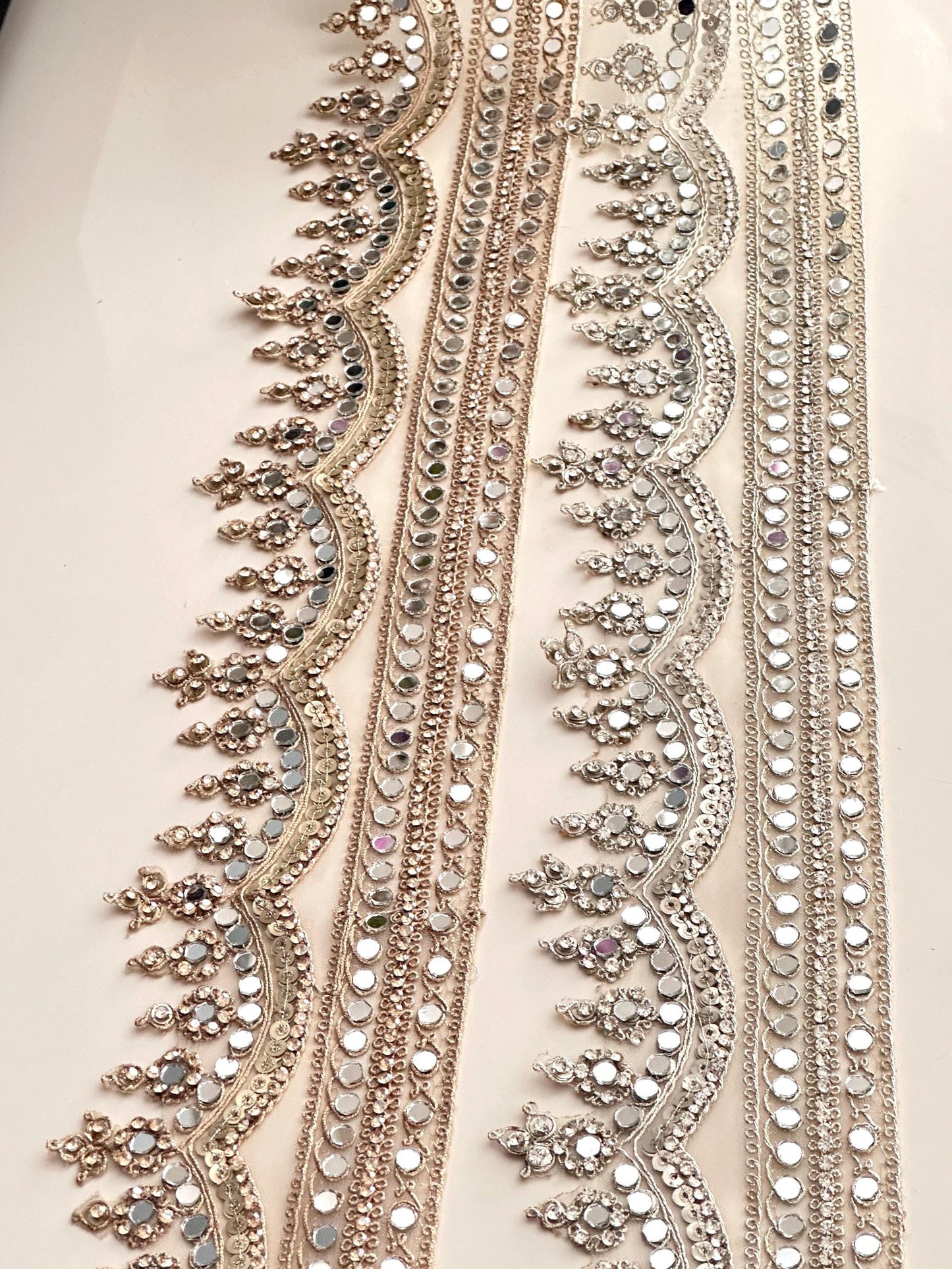 Light Gold Scalloped Mirror Sequin & Pearl Embellished Zari Border Trim