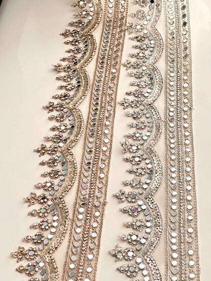 Light Gold Scalloped Mirror Sequin & Pearl Embellished Zari Border Trim